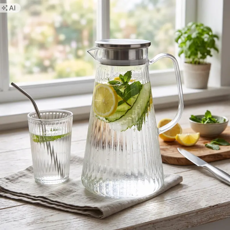 Dzbanek plastikowy 1,5 l z pokrywką bezbarwny ryflowany