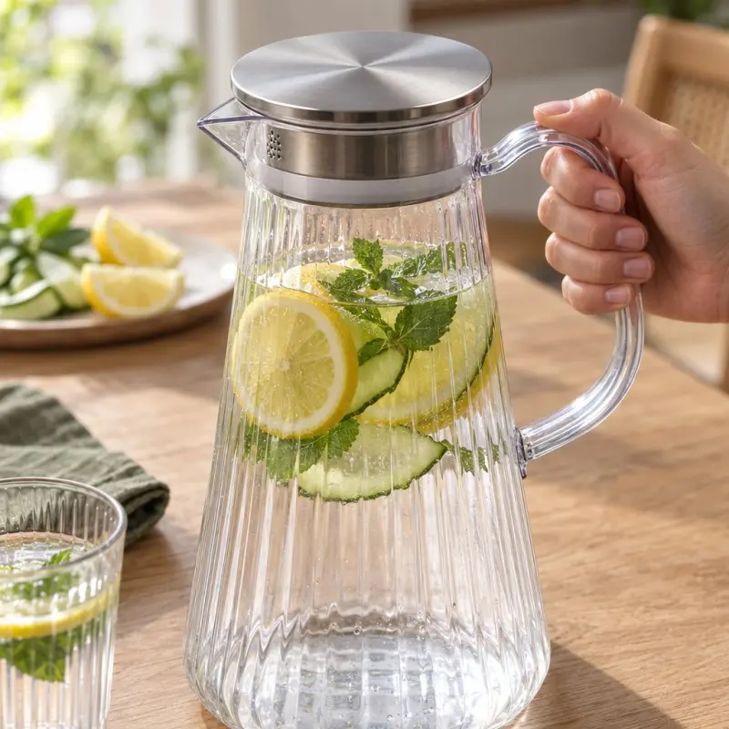 Dzbanek plastikowy 1,5 l z pokrywką bezbarwny ryflowany