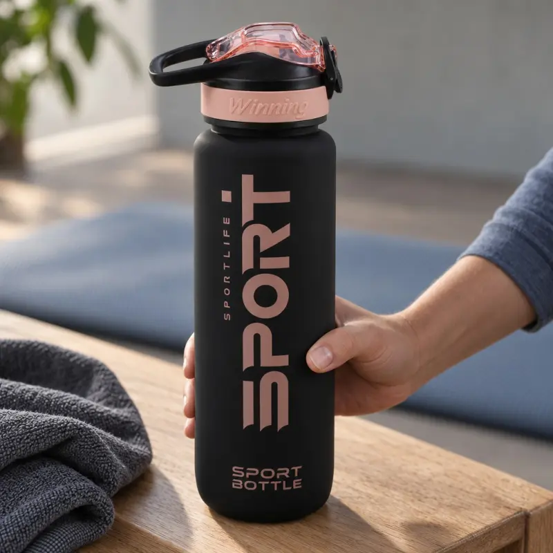 Butelka sportowa SPORT 1 l ze słomką i podziałką czarno-różowa