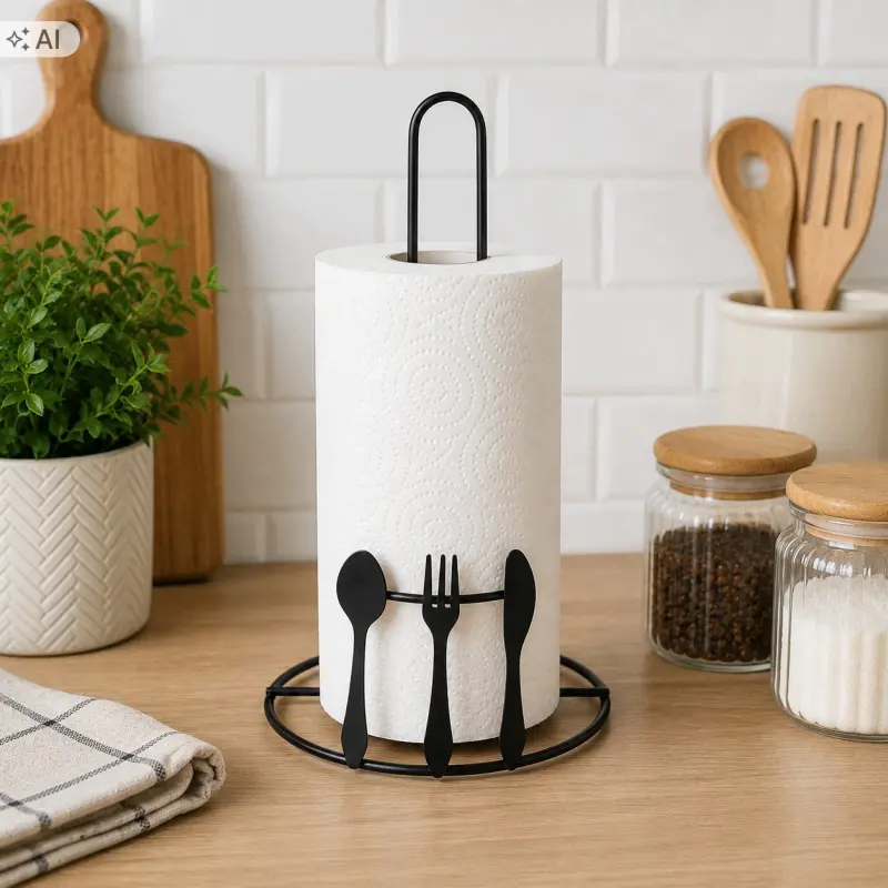 Stojak na ręcznik papierowy czarny metalowy 29,5 cm motyw sztućców