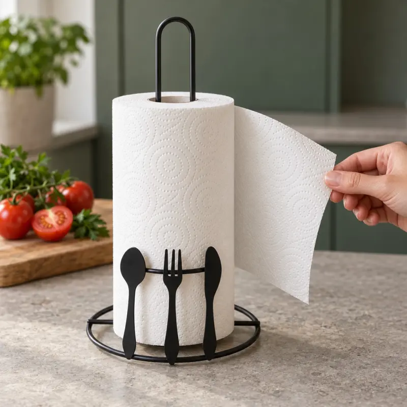 Stojak na ręcznik papierowy czarny metalowy 29,5 cm motyw sztućców