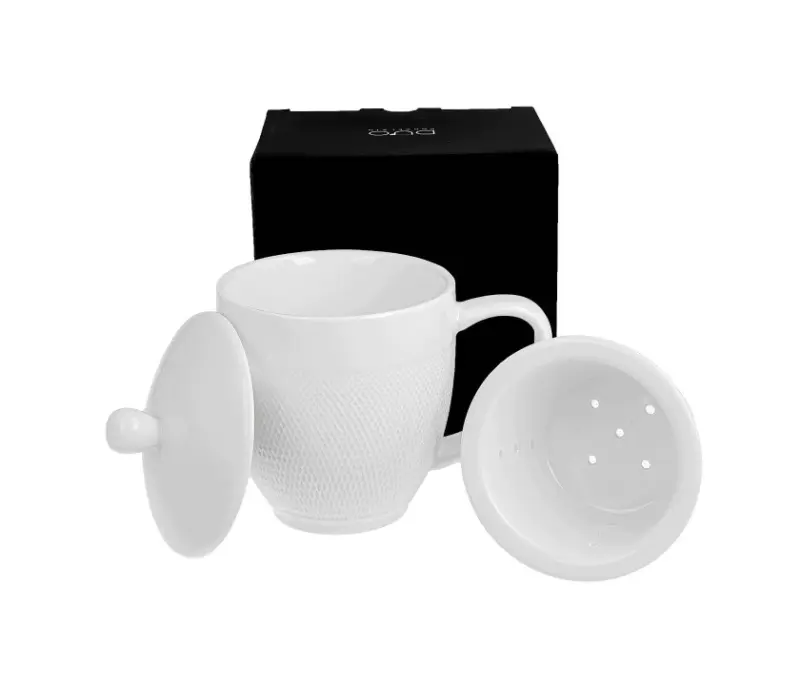 Kubek z zaparzaczem i pokrywką Duo Diamond 340 ml biały porcelanowy