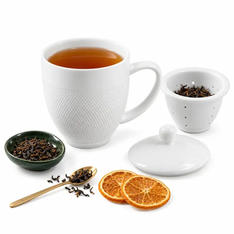 Kubek z zaparzaczem i pokrywką Duo Diamond 340 ml biały porcelanowy