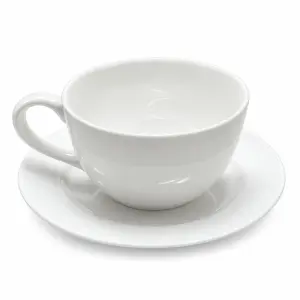 Filiżanka ze spodkiem 240 ml biała z jasnobeżowym pasem