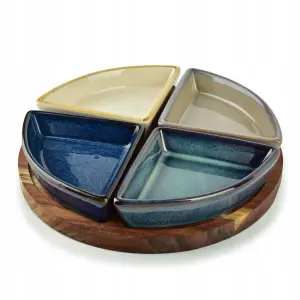 Deska akacjowa 21,5 cm z 4 porcelanowymi miseczkami 95 ml