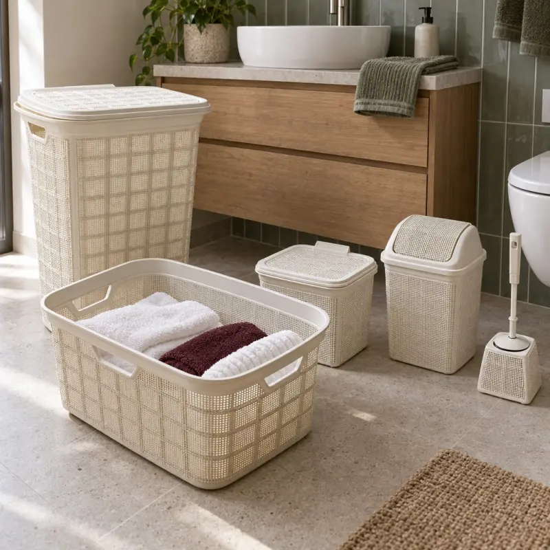 Zestaw łazienkowy Bee Home Jute beżowy 5 elementów kosze i szczotka WC